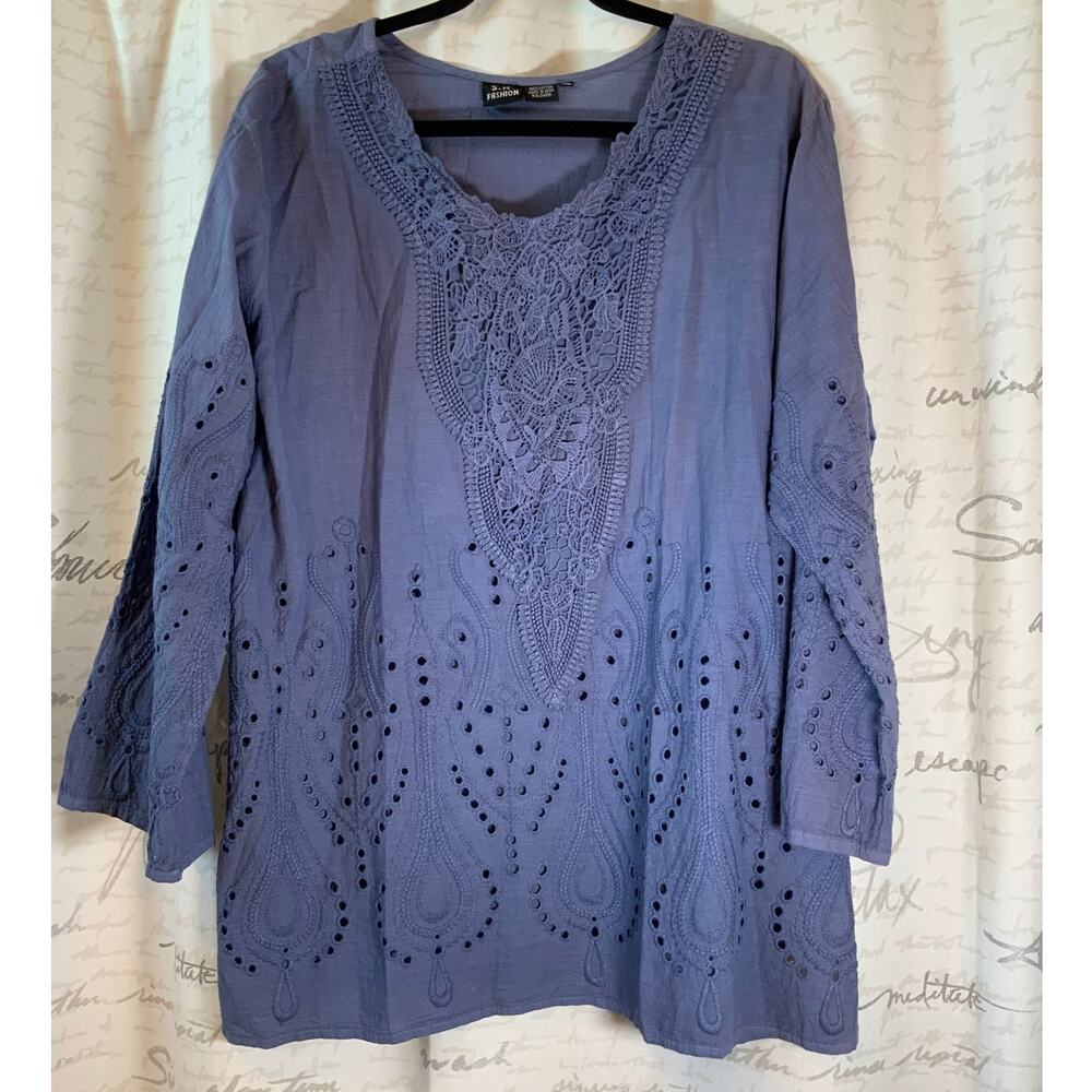 SR Fashion Blue Eyelet Cotton Boho Embroidered 3/4 Sleeve Blouse Top Size XL